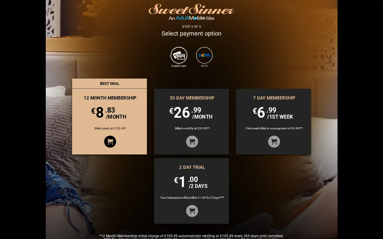 La page d'inscription de Sweet Sinner, en euros depuis la France le 10 septembre 2026 : l'année à 105,99 euros, le mois à 26,99 euros, la semaine à 6,99 euros et l'essai de deux jours à 1 euro, ces deux derniers repartant à 35,99 euros, carte ou SEPA.