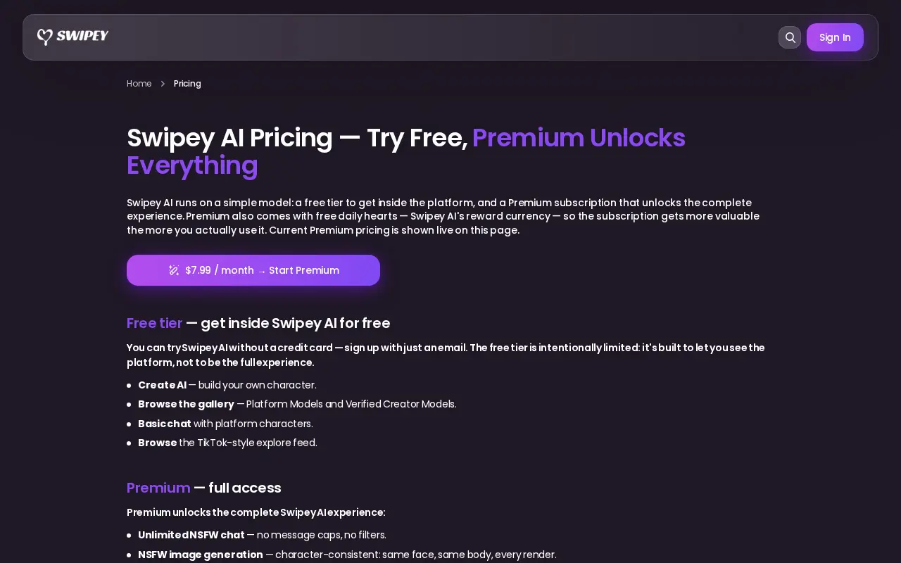 The pricing page announces the price, what the free tier allows and what the subscription adds.