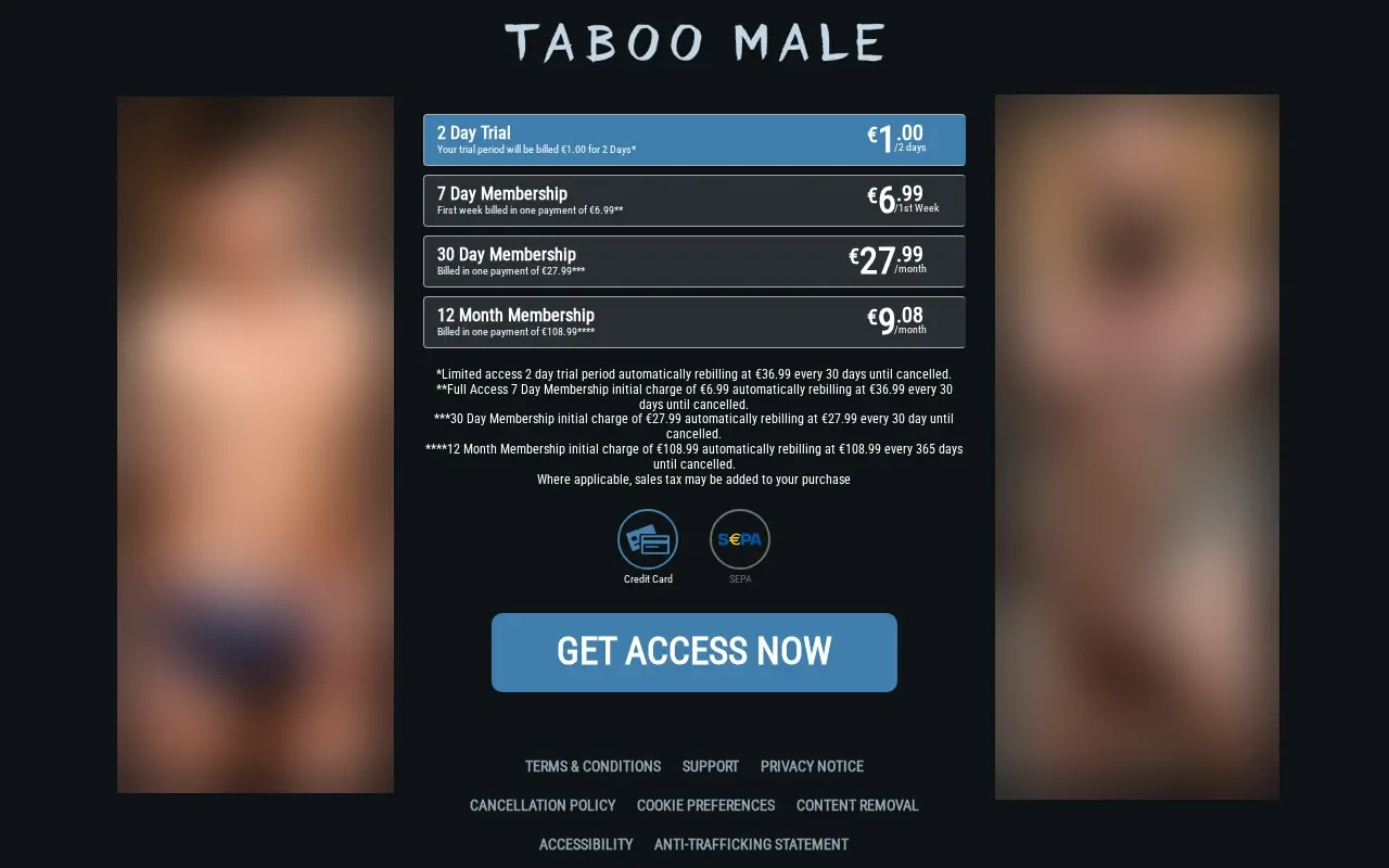 Taboo Male plan grid, from the trial to the year
