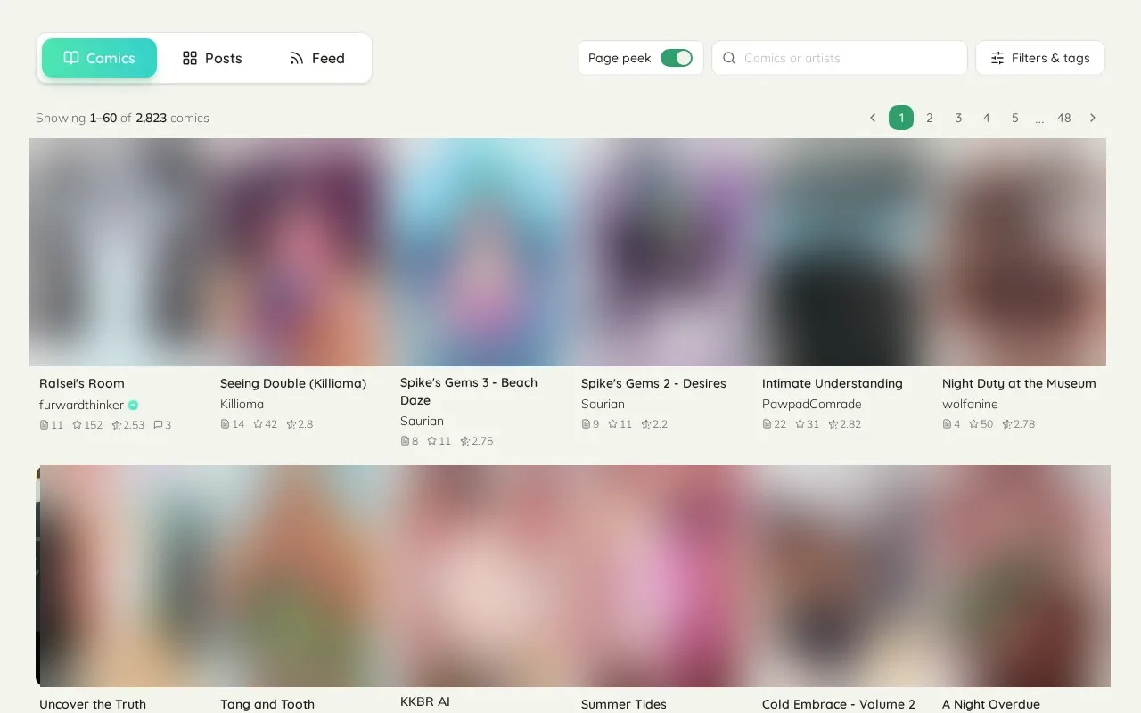 The Tailspace catalogue, with page count, votes and rating for each comic