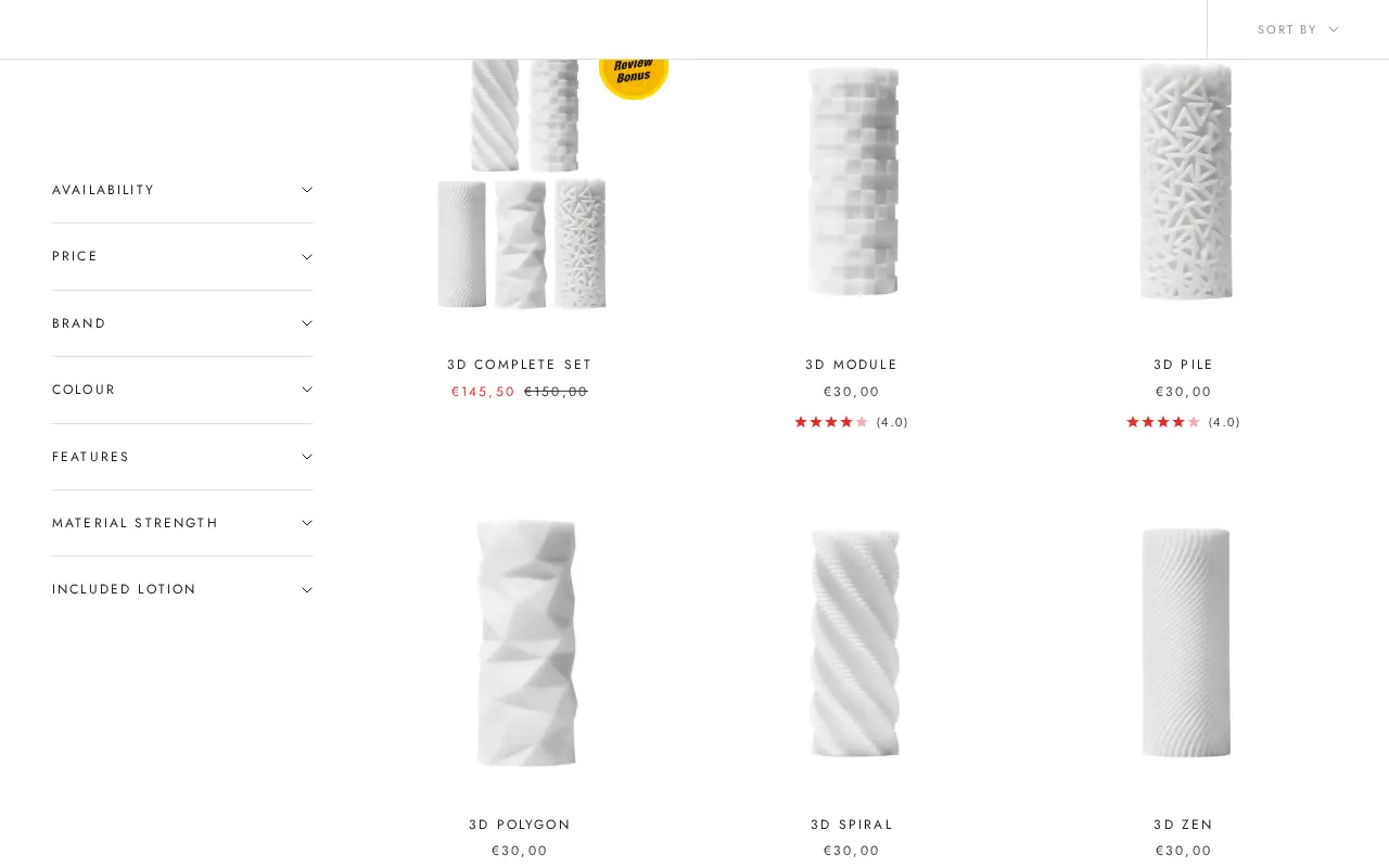 TENGA's European store aisle, with the euro price under every item