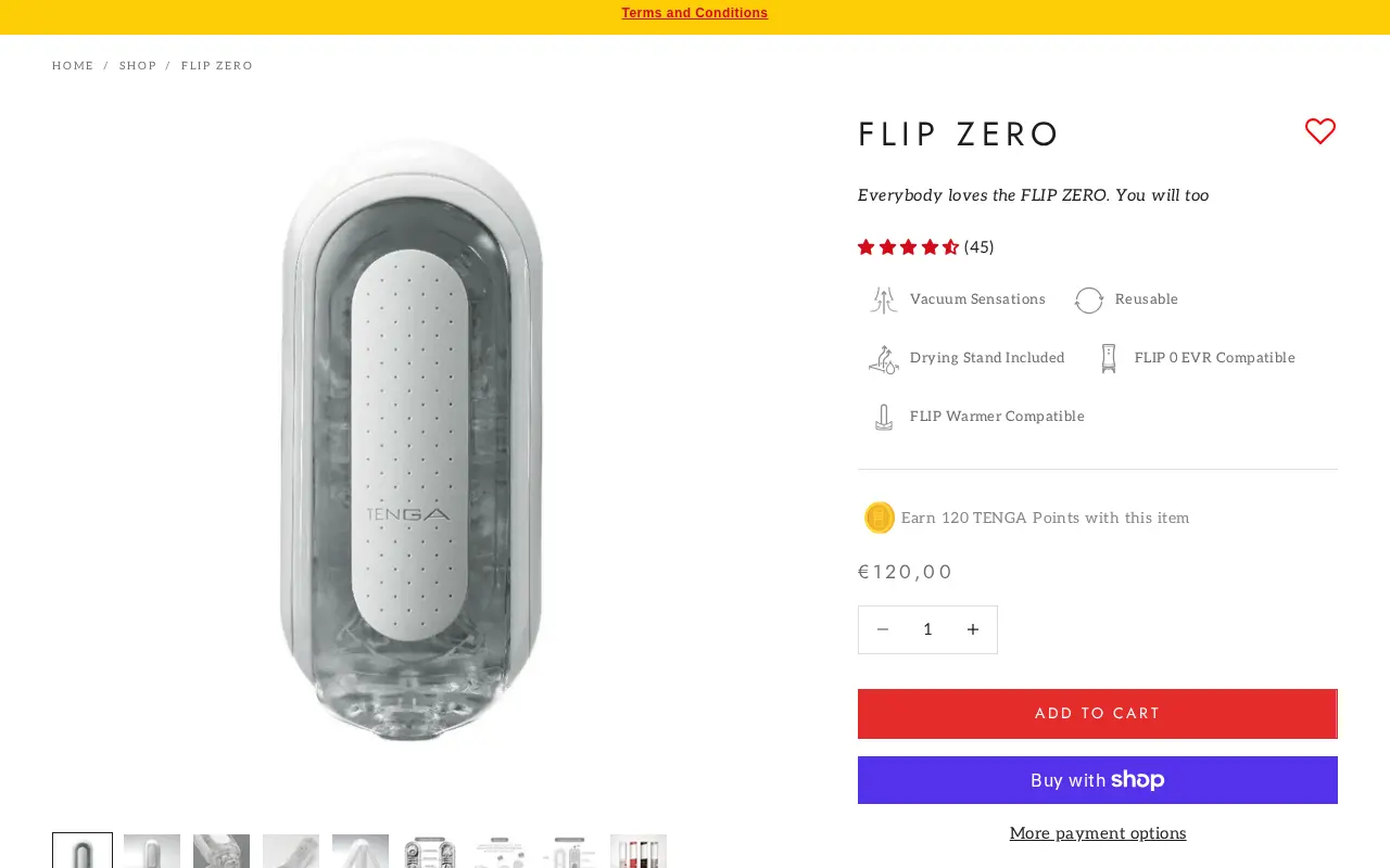 The FLIP ZERO product page on TENGA's European store, with its price and reviews