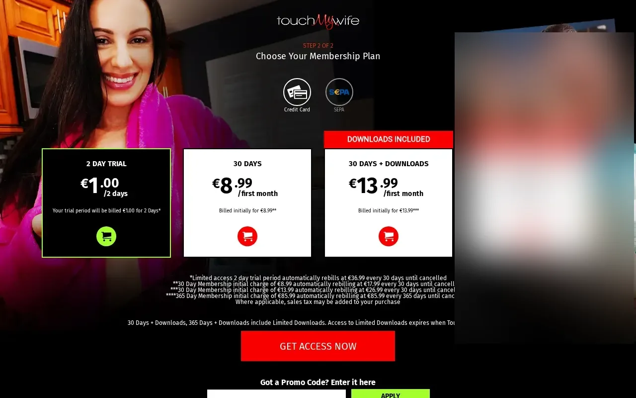 TouchMyWife plans through the brand landing page