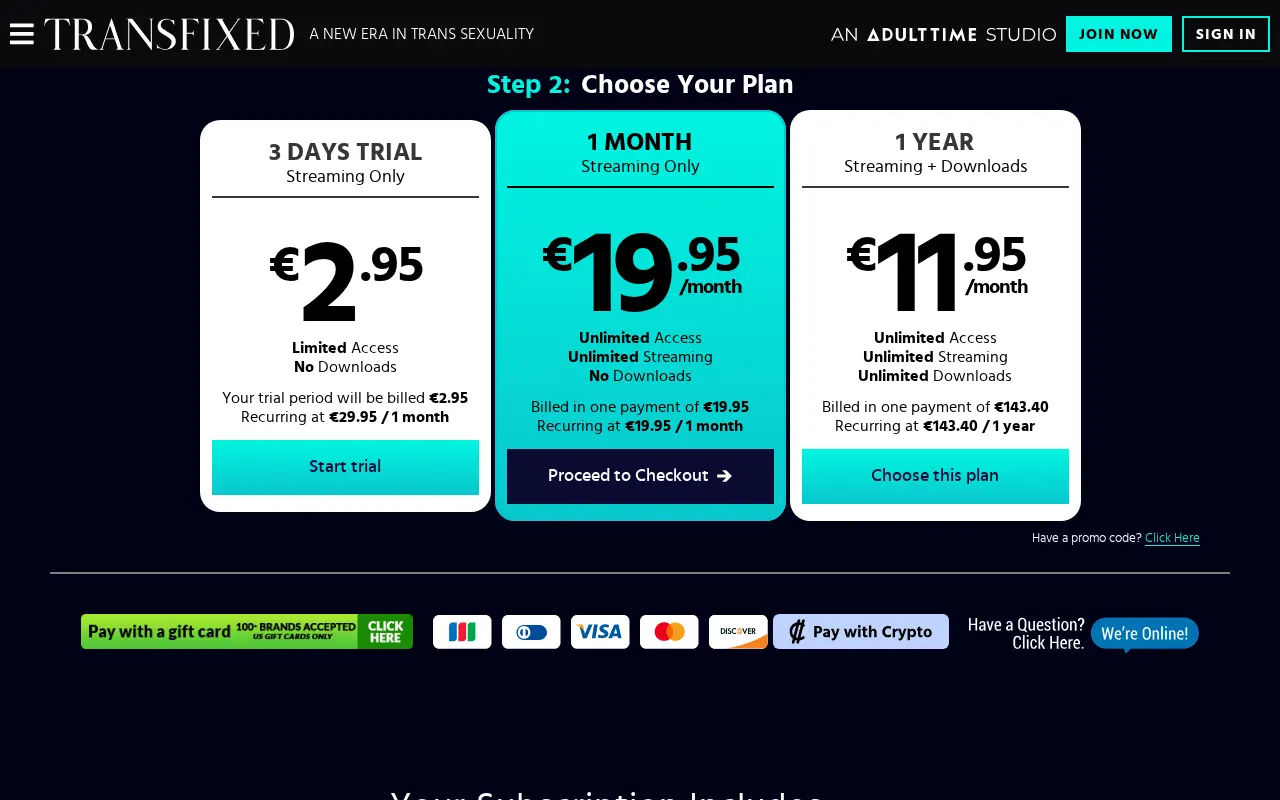 Transfixed plan grid, the same as Adult Time, from the three day trial to the year