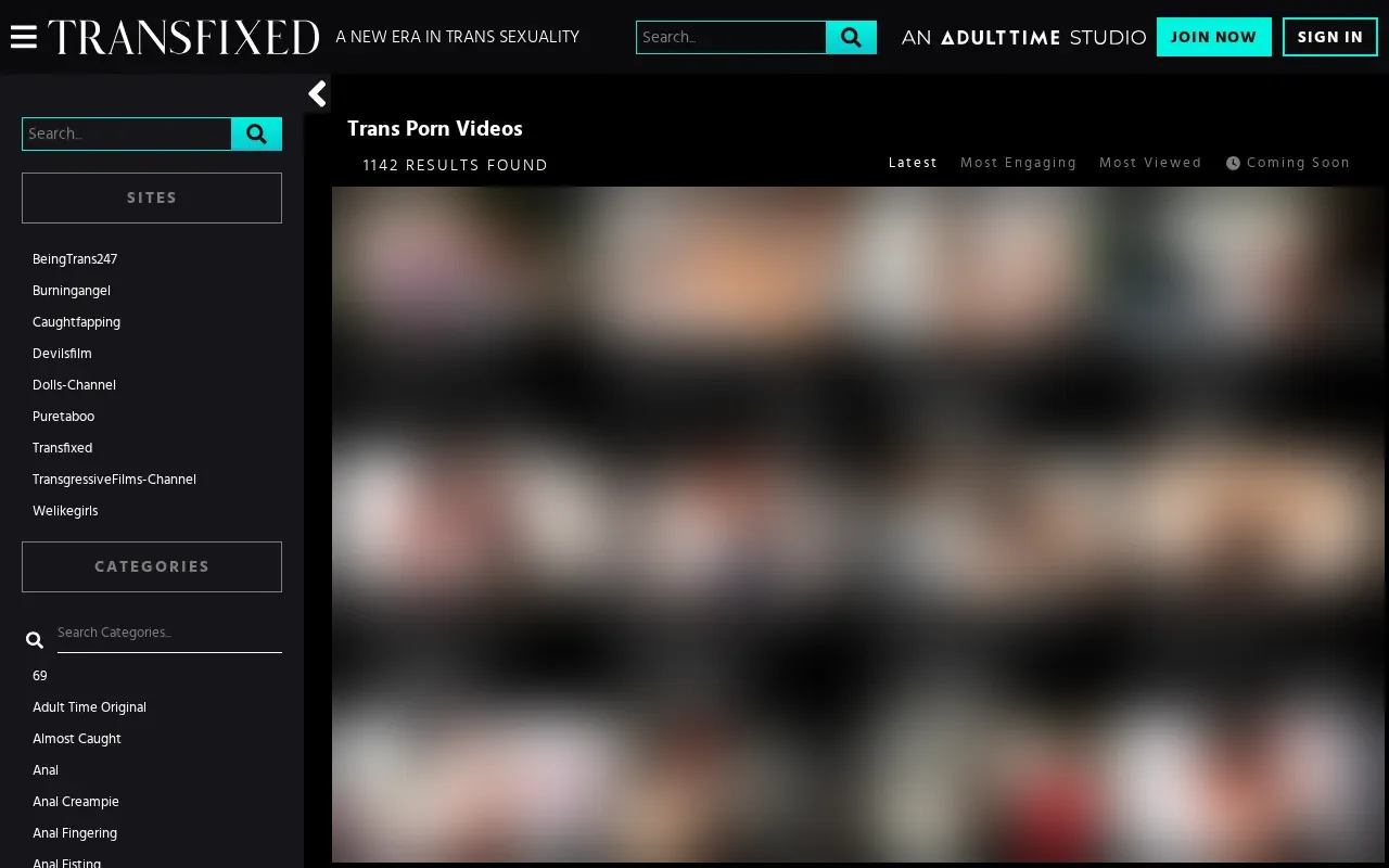 Trans video list opened by Transfixed, filterable by channel and category