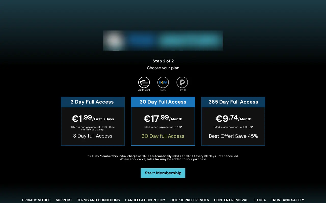 The True Amateurs join page, with its plans and the renewal amount of each.
