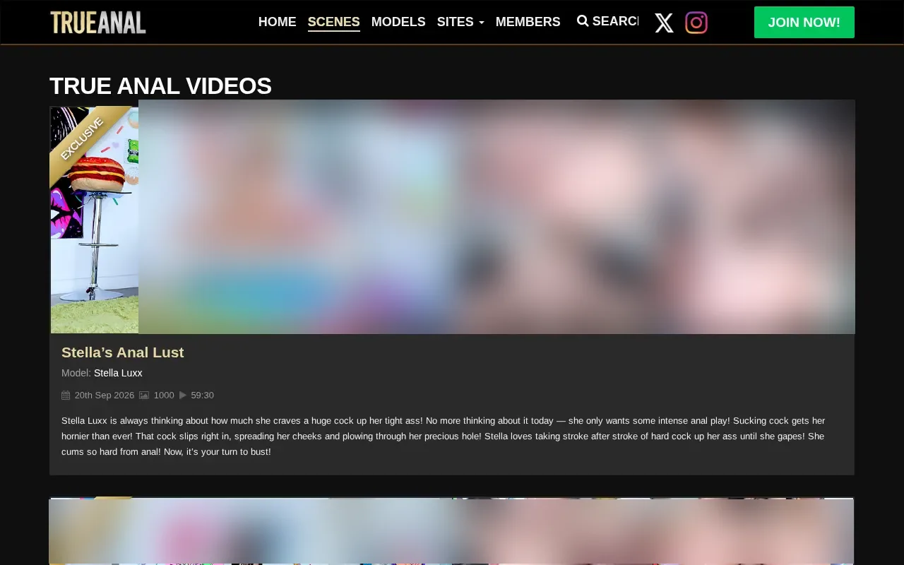 The TrueAnal scene list, with performer and running time