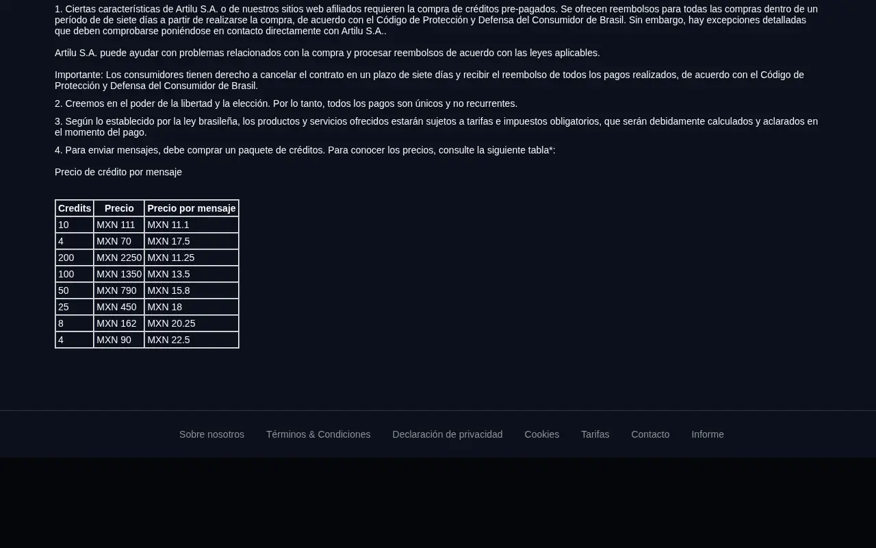 Tabla de precios de créditos de VecinasPasionales