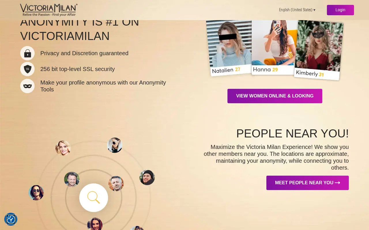 Anonymity tools and nearby members on the Victoria Milan home page