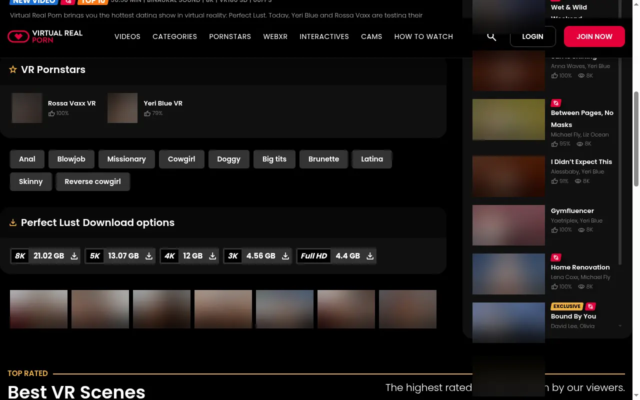 The scene page lists five download sizes, from Full HD to the 21.02 GB 8K file.