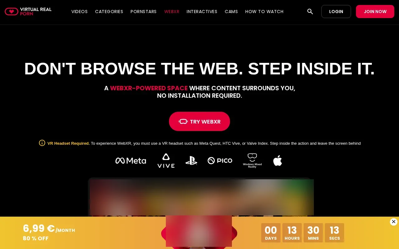 VirtualRealPorn WebXR page, playback in the headset browser
