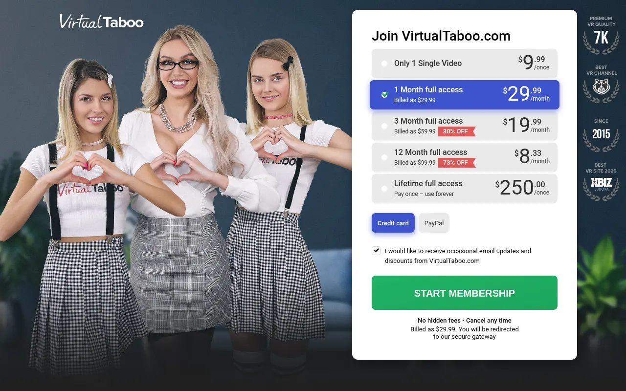 VirtualTaboo's five plans, from a single video to lifetime access