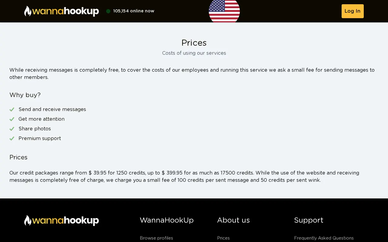 The WannaHookUp prices page, credit packages from 39.95 to 399.95 dollars