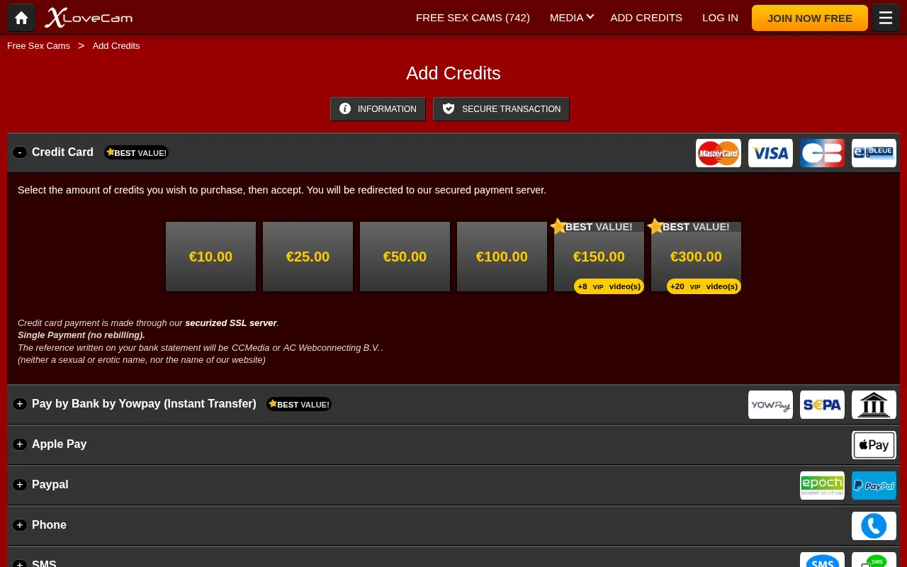 The credit purchase page, open with no account: the amounts in euros, the single payment and the reference that will appear on the statement.