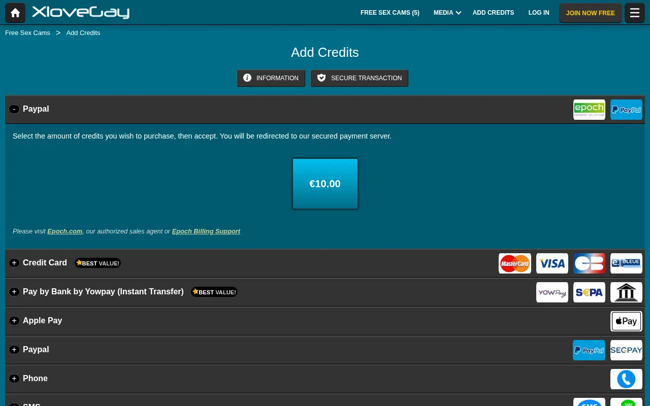 XLoveGay credit purchase page, amounts in euros