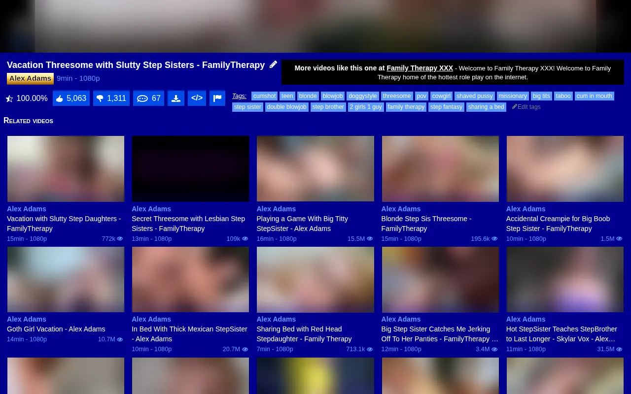 Below the player, a video page gives everything: running time, resolution, rating, comment count, download, embed code, tags and neighbouring videos.