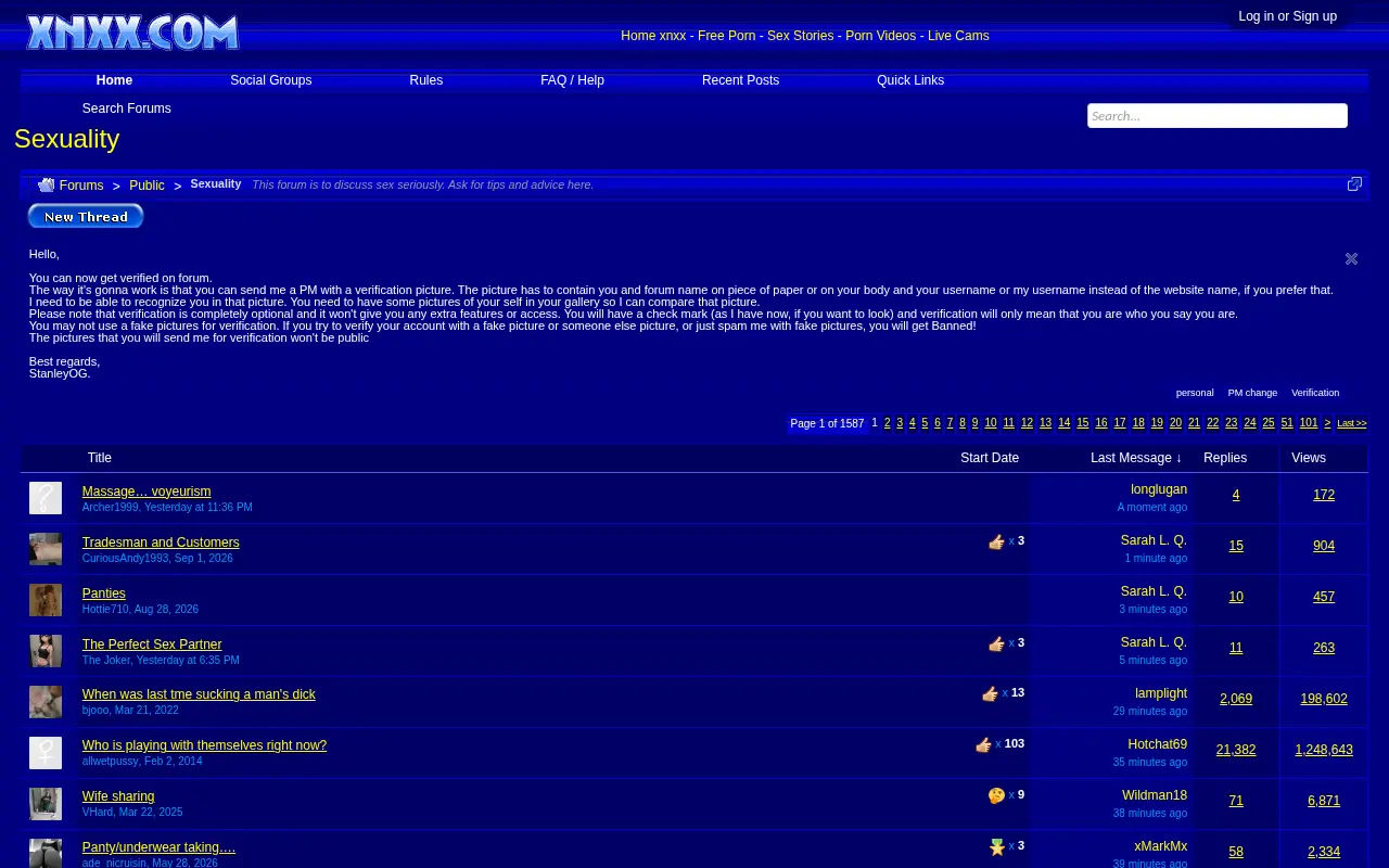 The advice and sexuality section, threads sorted by latest reply, with reply and view counts.