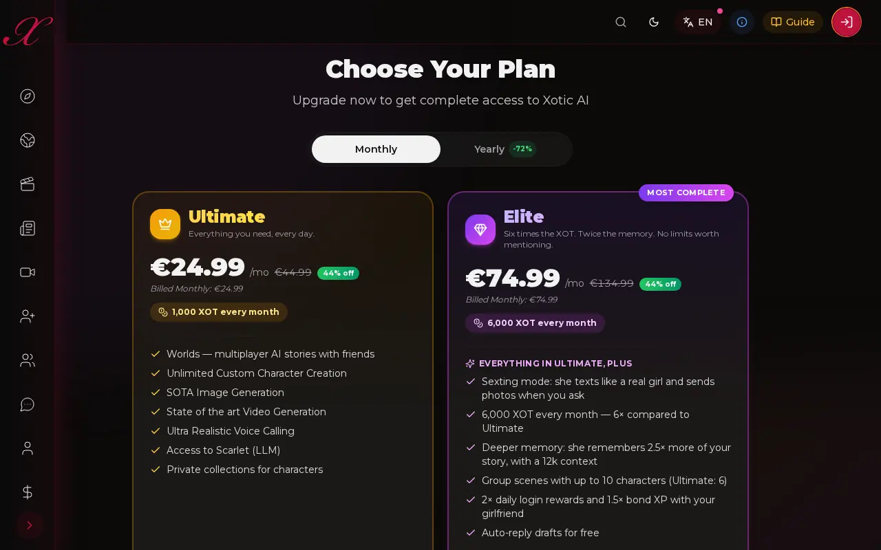 Xotic AI Ultimate and Elite plans, monthly