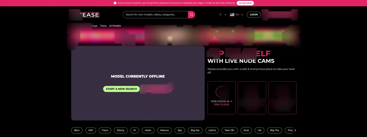 Sans compte, le lecteur affiche « model currently offline ». Le bandeau du haut donne la raison : le site demande d'abord un compte pour valider l'âge, selon l'endroit d'où l'on vient.