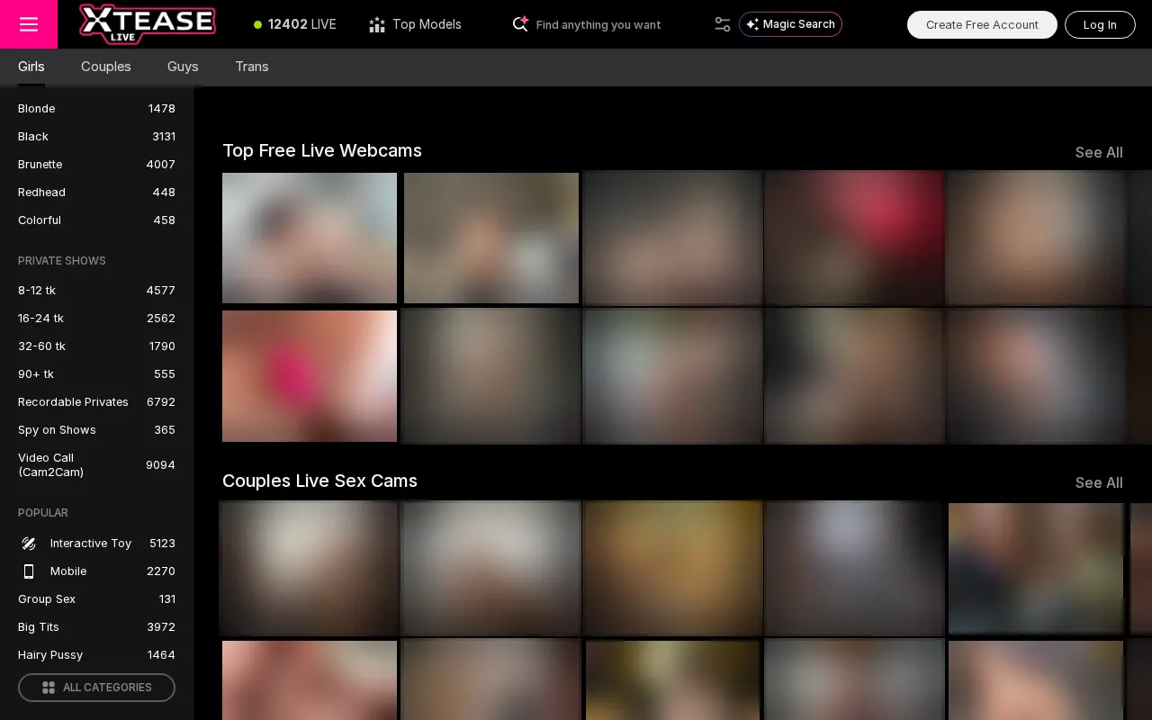 Grille des salons en direct d'Xtease et ses filtres, dont les privés enregistrables