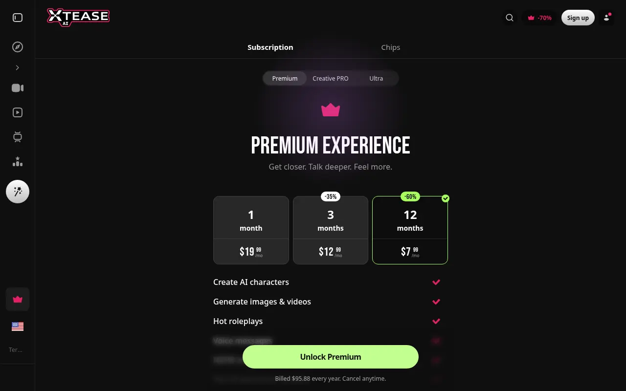 Xtease AI, the Premium subscription plans