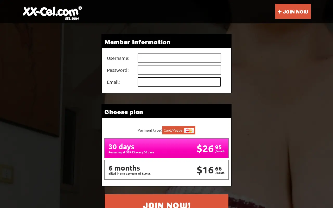 XX-Cel sign-up form and its two plans